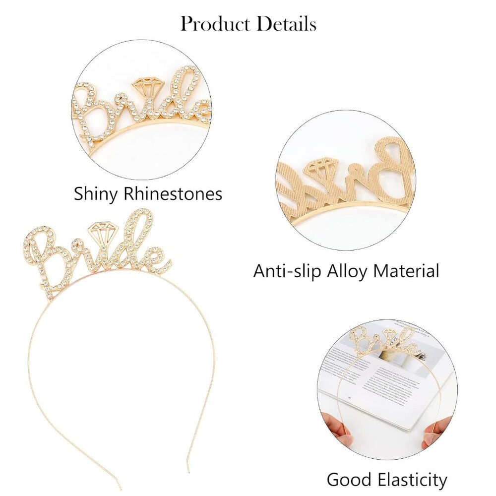 Bride Headband, Gold Bride Tiara, Bride To Be Headband, Rhinestone Bachelorette - Picture 5 of 7